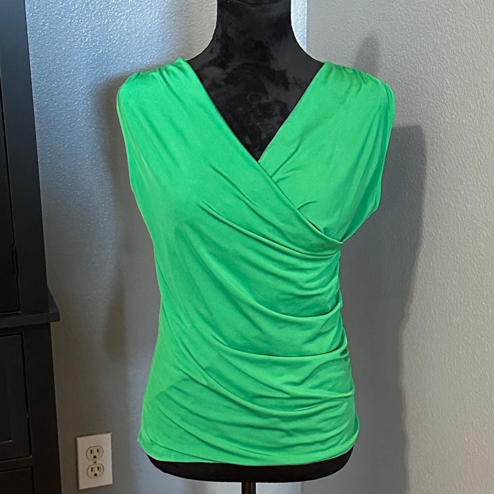 Poof New York Green Faux Wrap Top Medium Ruched Sleeveless V Neck Stretch Blouse
